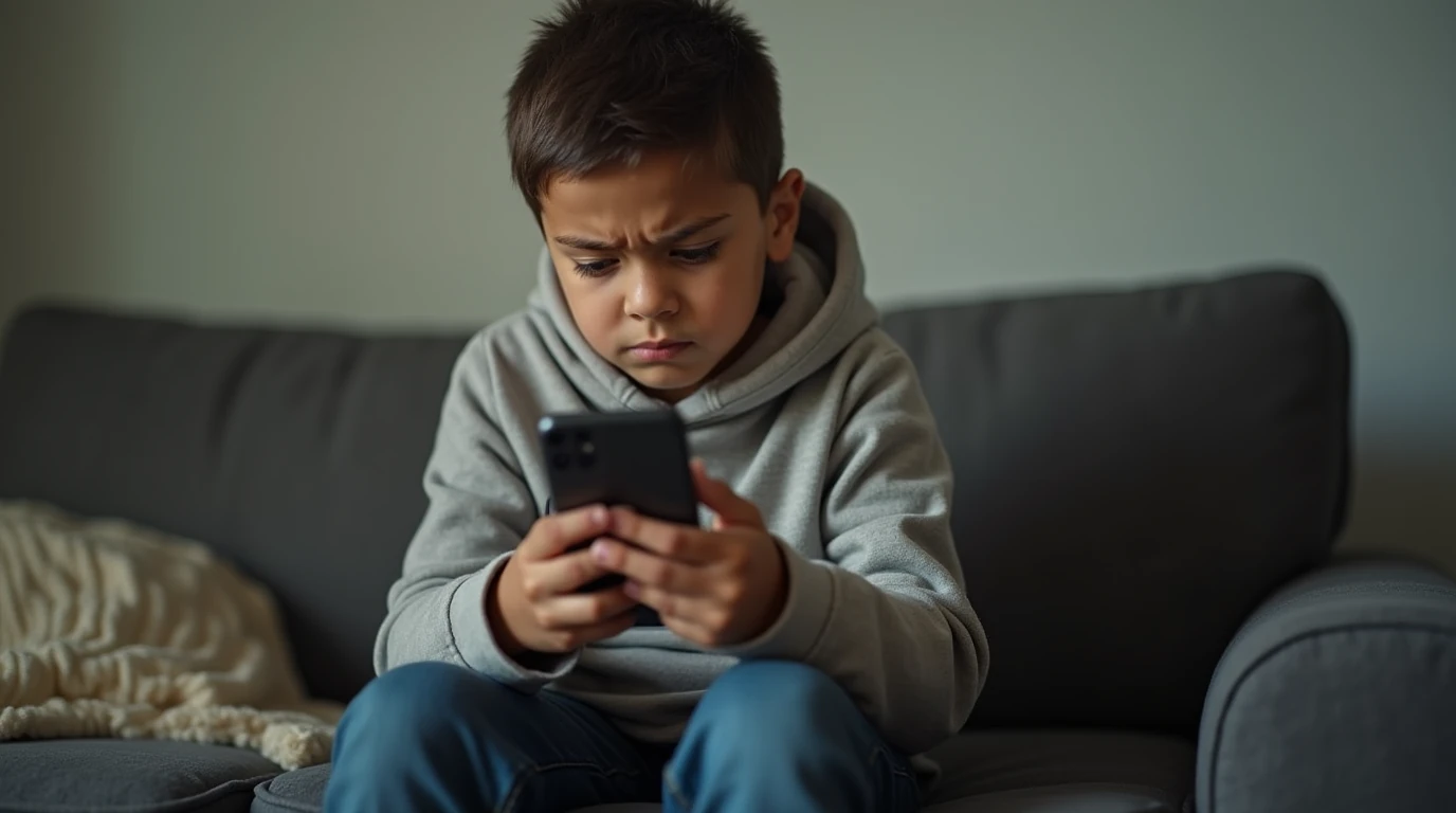 طفل ينظر بحزن إلى شاشة الهاتف، تعبيرًا عن تعرضه لمضايقة إلكترونية