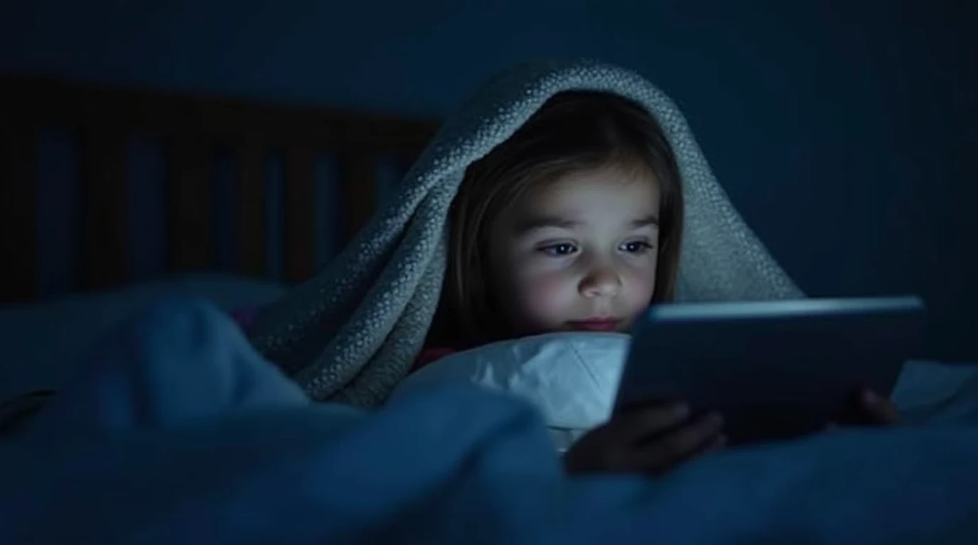 طفل يستخدم التابلت بجانب ساعة رقمية كرمز لتحديد الوقت